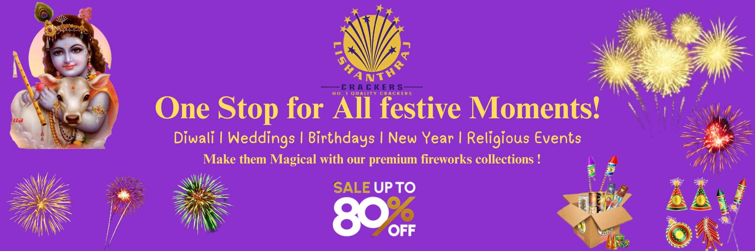 A vibrant display of colorful fireworks exploding in the night sky for a Grand Diwali Celebration.